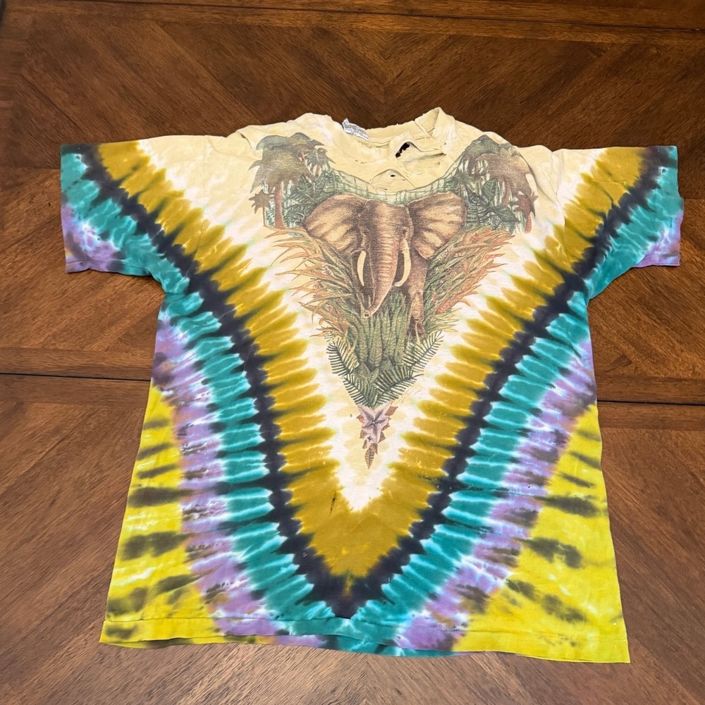 Vintage Liquid Blue Elephant Tie Dye T-Shirt XL Distressed Jungle Graphic USA